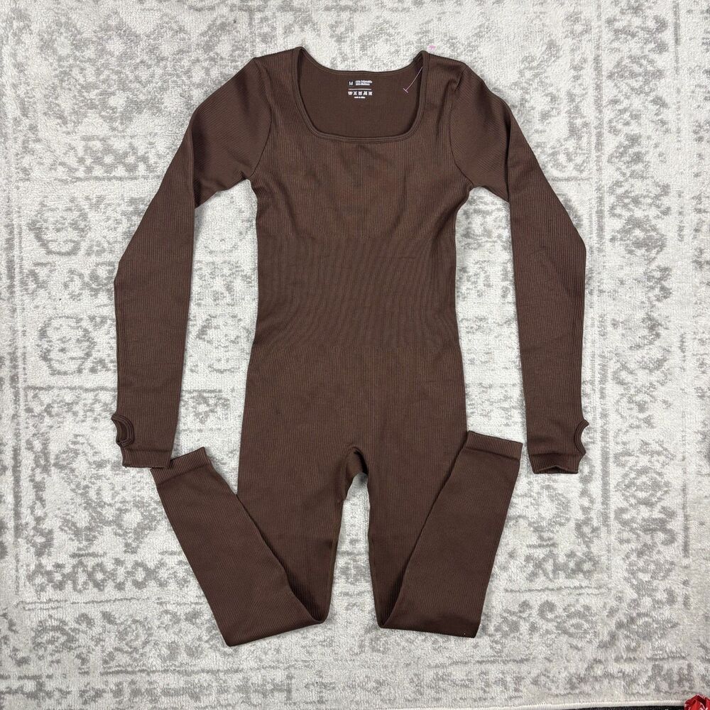 OQQ Bodysuit Women's Brown Ribbed Athletic Workout Gym Suit Size Medium